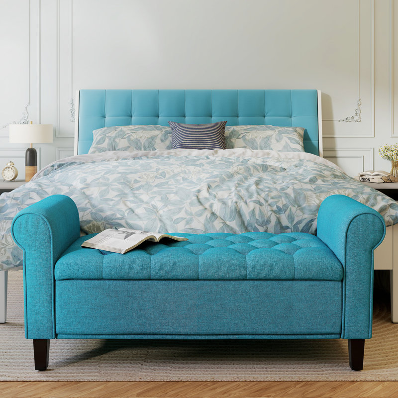 50" Storage Ottoman, Bedroom Bench with Wood Legs , Teal, Teal