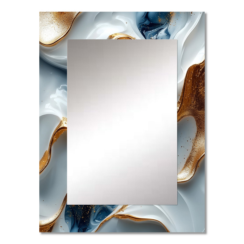 Abstrait géométrique en marbre doré et bleu en forme de V - miroir mural, miroir décoratif doré, 32 po x 24 po