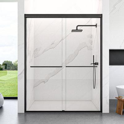 56"-60"W*72" H Semi-Frameless Double Sliding Shower Door, Bypass Shower Door, 1/4" (6mm) Thick SGCC Tempered Glass Door, Matte Black