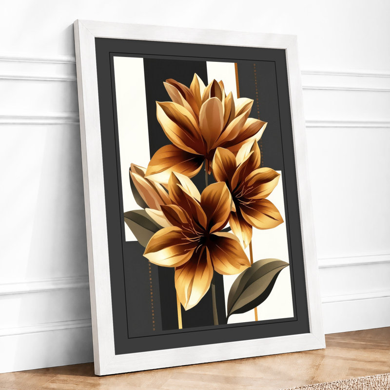 Golden Lotus Blooms Botanical - Framed Print, A4 - 29.7 x 21.0 cm, White