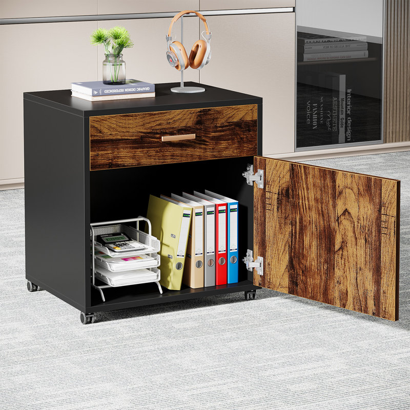 71'' Rustic Brown and Black L-Shaped Desk with Mobile File Cabinet