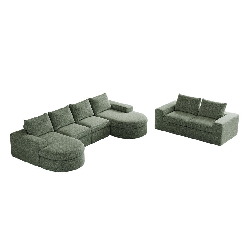 Canapé modulaire en chenille avec méridienne incurvée avec méridienne Chenille, Chenille verte