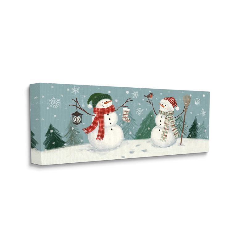Bonhommes de neige festifs en hiver célébrant des flocons de neige tombant, art numérique sur estampe numérique par Victoria Barnes
