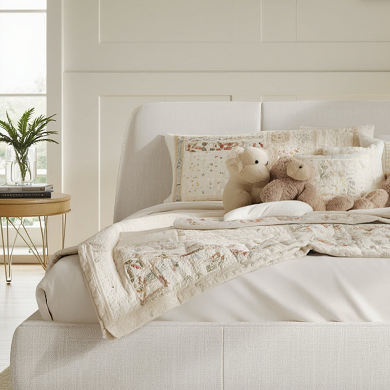 Modern Upholstered Bed Frame Linen Fabric Platform Bed with Solid Wood Legs, White, No Box Spring Needed, King