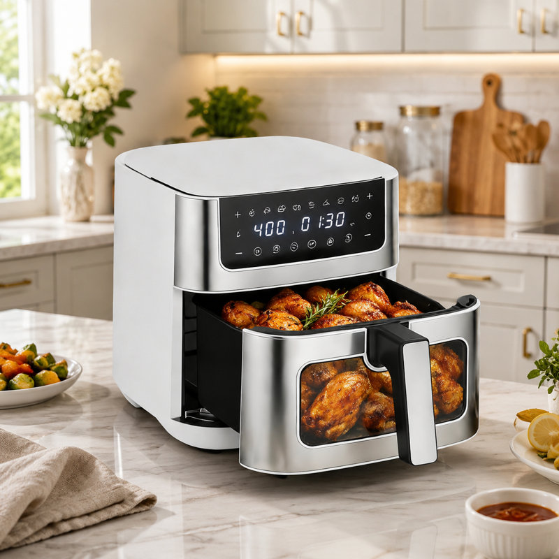 Friteuse à air de 6,34 pte avec fenêtre de visualisation, friteuse en acier inoxydable 8-en-1, rôti, réchauffé, cuit, Beige