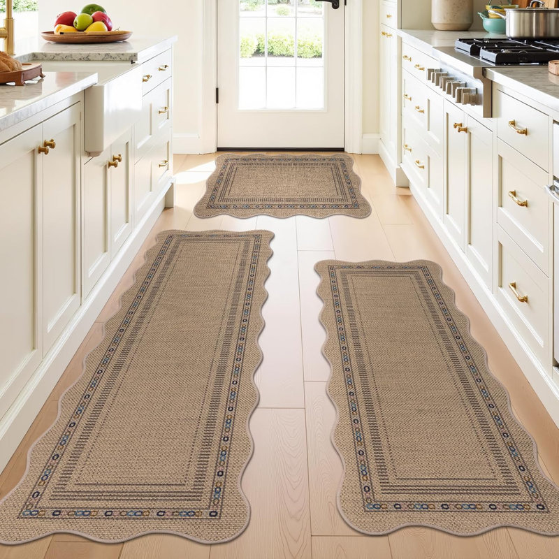 Non-Slip Scalloped Kitchen Rug Set 3 PCS, Washable Low-Profile Jute Mats