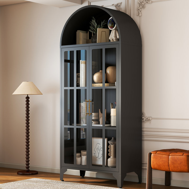 73.6" Arched Metal Storage Display Cabinet with Adjustable Shelves and Glass Doors, Black