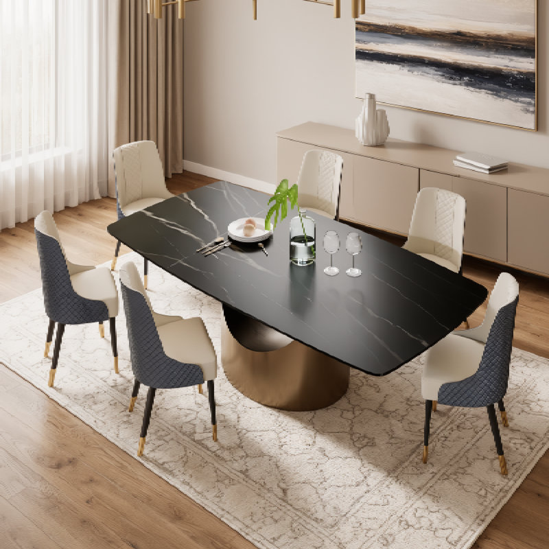  Table de salle à manger moderne avec plateau rectangulaire en pierre frittée, acier au carbone, Noir mat