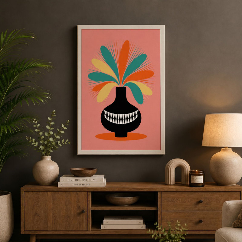 Geometric Vase with Burst Mid-Century 1 Piece Wrapped Canvas Wall Art, 18x12 - 45.7 x 30.5 cm, Terracotta Border