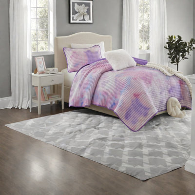 Modern Bedding Sets, Purple Microfiber Tie Dye Quilt for Twin Home