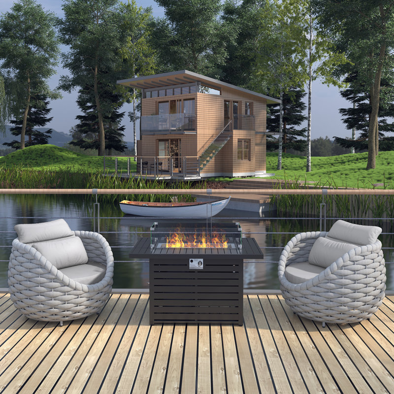 Modern Patio Furniture 3-Piece Outdoor Conversation Set Weather-Resistant Rope Lounge Chairs with Easy Assembly Fire Pit for Backyard