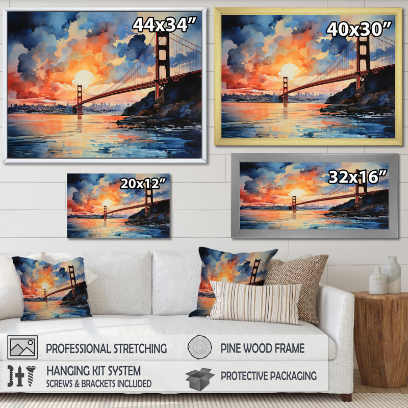 Pont orange Edenrose Golden Gateway VII - impression, H 12 po x l 20 po x P 1 po, Cadre flottant doré