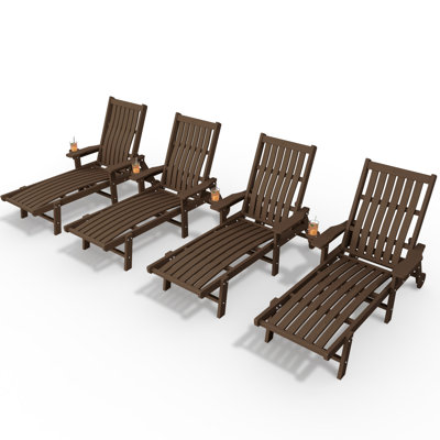 Brown Outdoor HDPE Adjustable Reclining Chaise Lounge Chair With Wheels & Cup Holder (Set of 4)