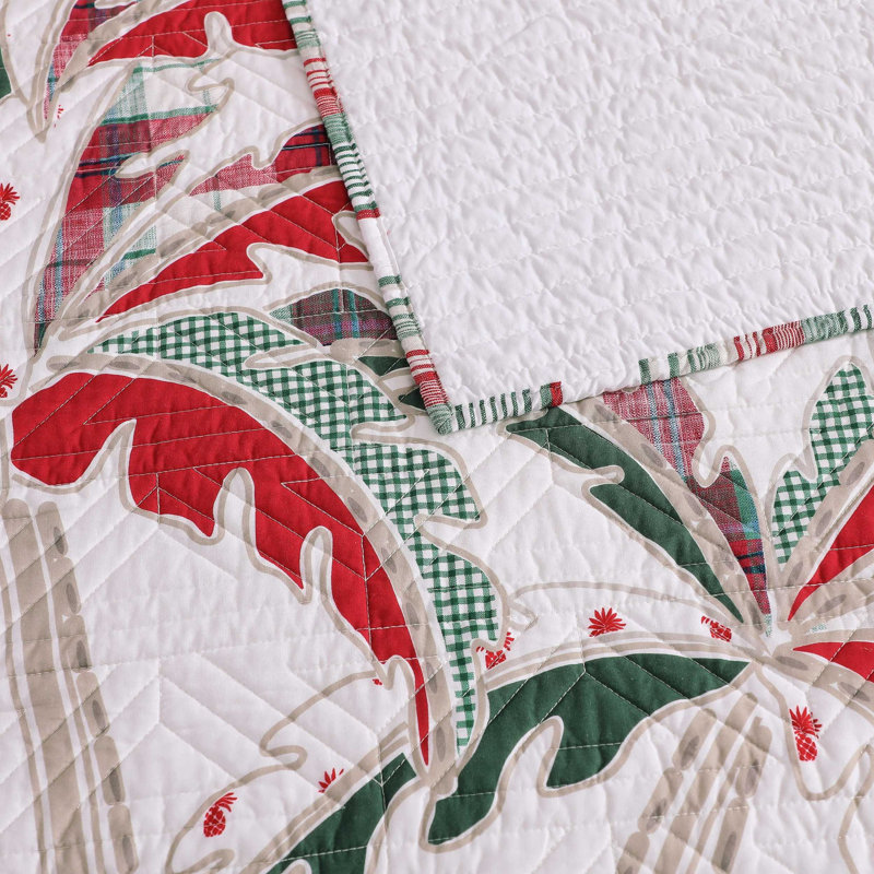 Tommy Bahama Palm Tree Patchwork Green Cotton Reversible Quilt Set, King Quilt + 2 King Shams