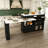 Rotating Expandable Kitchen Island with Built-In Power Station, Walnut Veneer Top, 4 Drawers & Arched Glass Storage Cabinet-129521282
