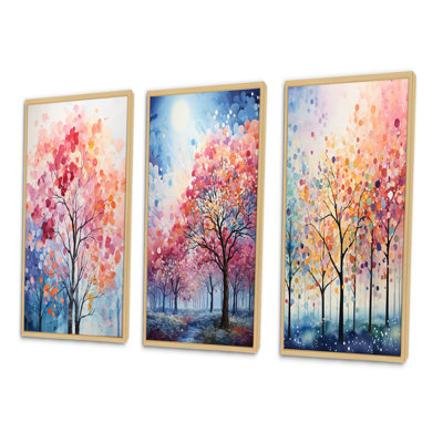 «Pink and Blue Trees Field Pointillism III», 3 pièces sur toile