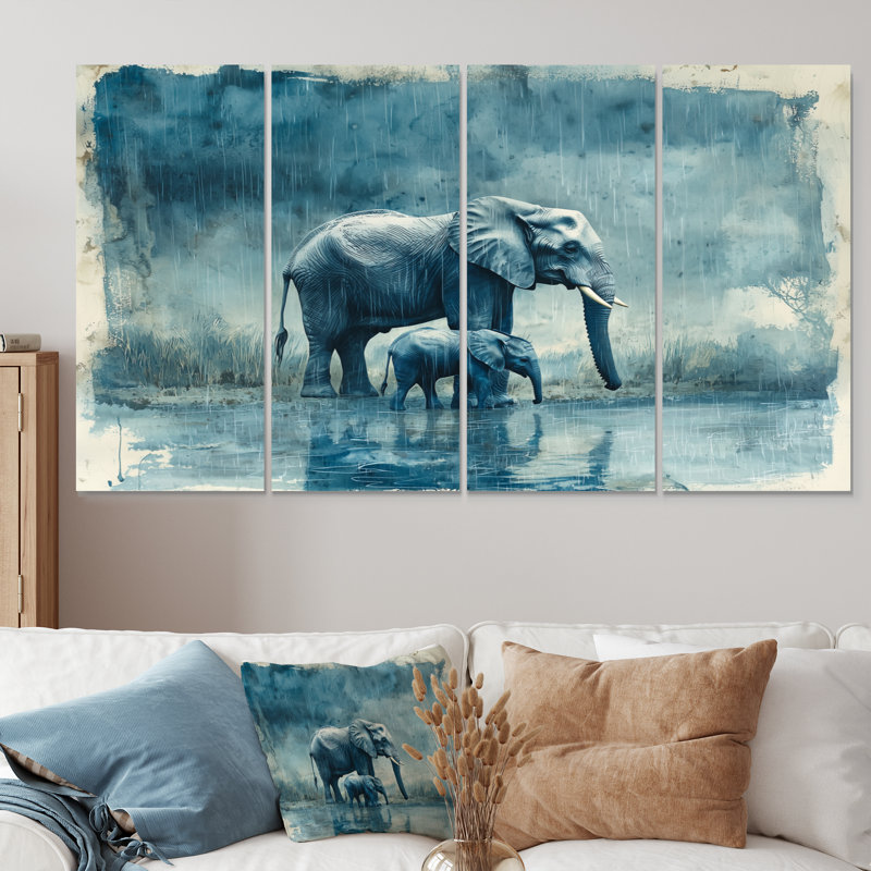 Éléphant et son veau sous la pluie - Art mural animal éléphant - Art mural moderne sur toile, H 28 po x l 48 po