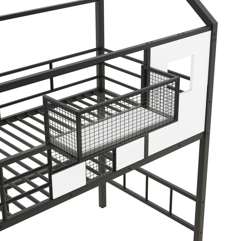 Lit mezzanine en métal avec toit et boîte de rangement, Noir
