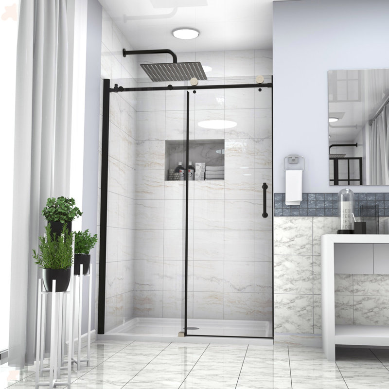 Shower Door 48" W X 76"H Single Sliding Bypass Shower Enclosure, Matte Black