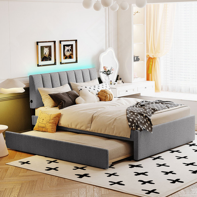 Lit plateforme tapissier Teddy, Gris, Double