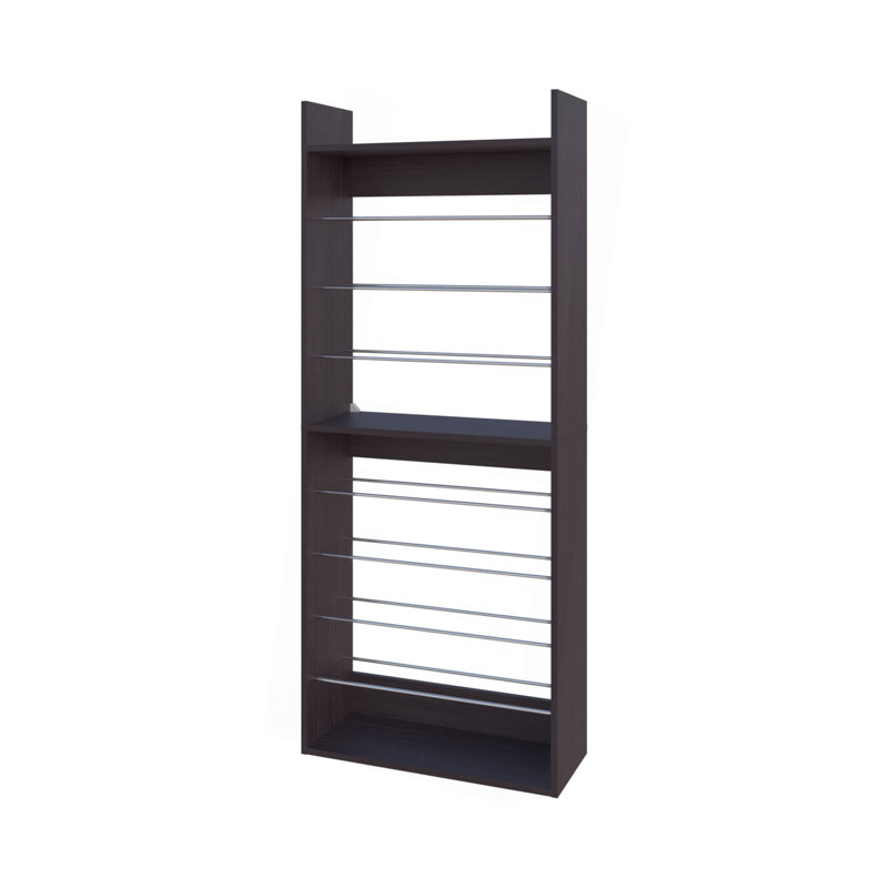Grand étagère à chaussures ouverte Oak Springs avec rails en métal et tablettes à plusieurs niveaux, wengé
