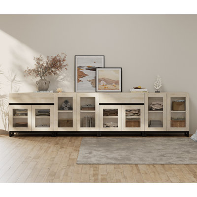 Commode 4 en 1 multifonctionnelle avec portes en verre et 2 tiroirs, commode moderne avec tablette réglable et base en métal, organisateurs de placard et armoire de rangement