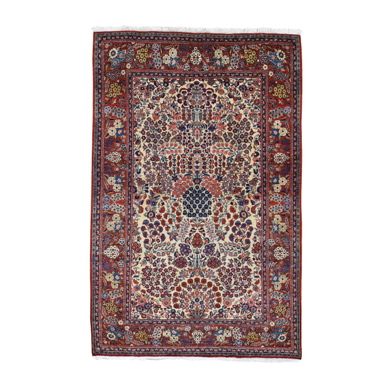 Tapis décoratif noué à la main beige de conception unique 4 pi 4 po x 6 pi 9 po