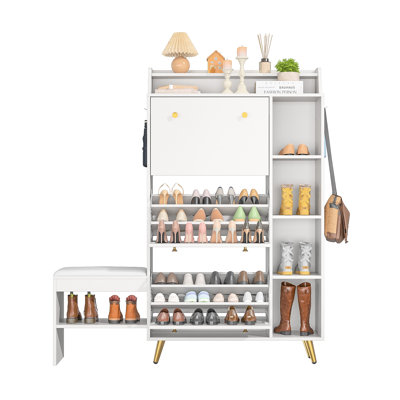 57" Modern Narrow Hidden Shoe Storage Cabinet Organizer With Bench For Entryway With 3 Flip Drawer