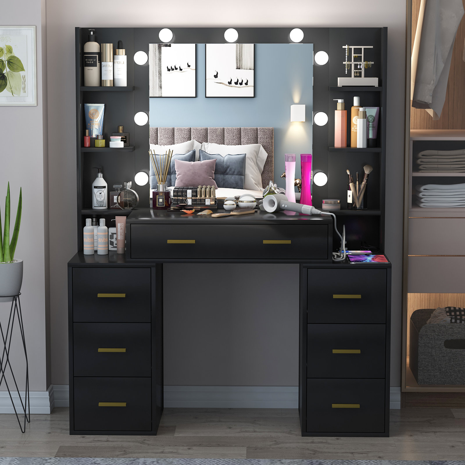 Everly Quinn Makeup Vanity Dressing Table with LED Light & Reviews