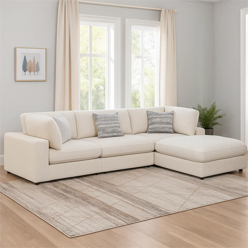 Canapé modulaire avec repose-pieds 4 pièces Serena, Tissu beige / mélange de lin / jacquard