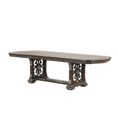 Naddy Dining Table, 80-112 Inch Extendable Top, Dark Brown Floral Motifs
