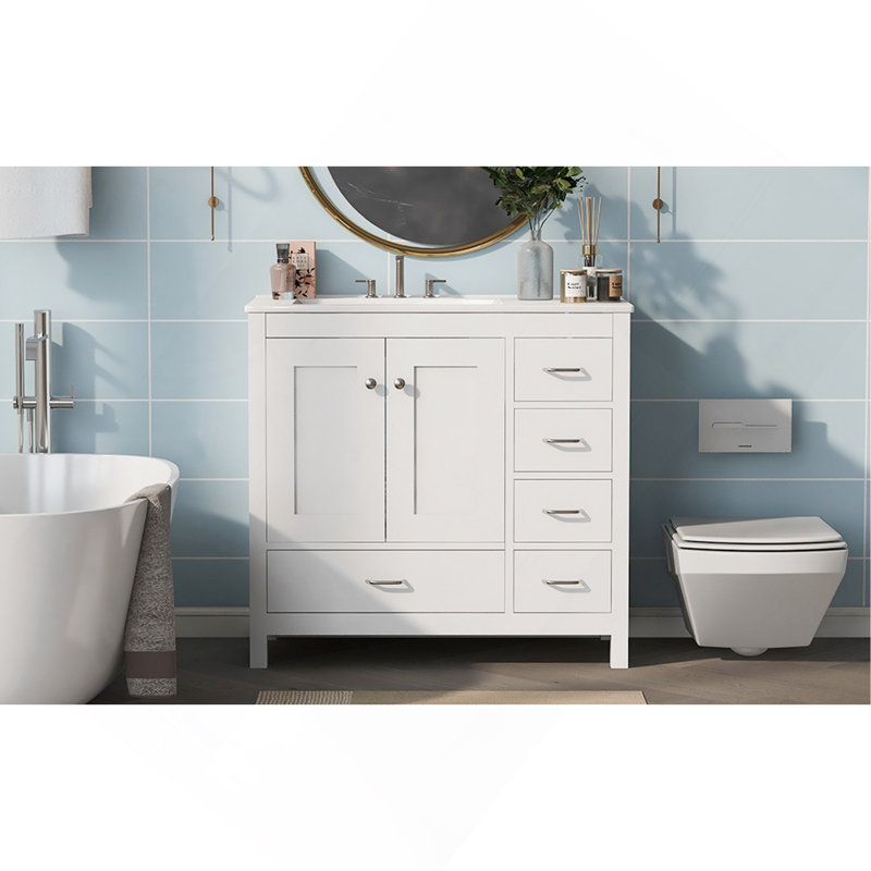 Ensemble de meuble-lavabo blanc 36 po avec lavabo en céramique, armoire de rangement abondante, 2 portes à fermeture en douceur et 5 tiroirs