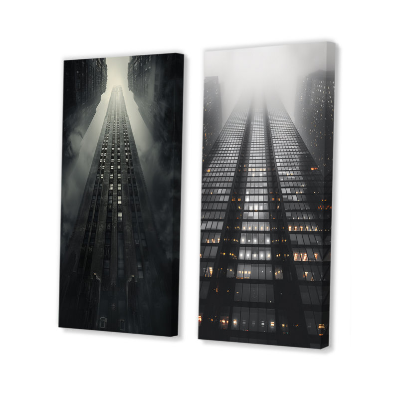 Ensemble de 2 pièces grises à structure colossale grise I - Skyscrapers, Toile tendue, H 28 po x l 24 po
