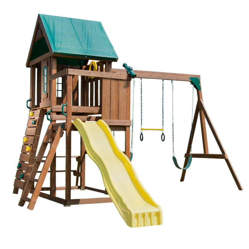 Altamont Wooden Swing Set with Slide, Swings and Climbing Wall