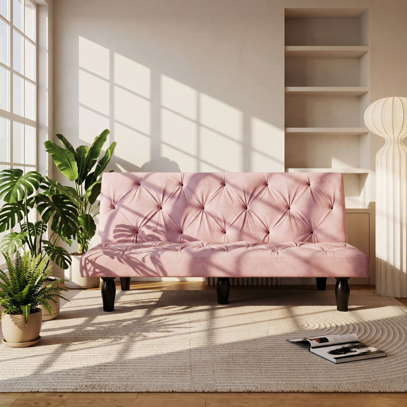 JZR 66" W x 31" D x 27" H Tufted Velvet 3-Seater Sofa Bed, 5.2", Pink Velvet