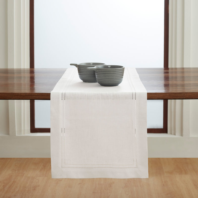 Double Hemstitch - 100% Pure Linen Table Runner, White, 72" x 14"