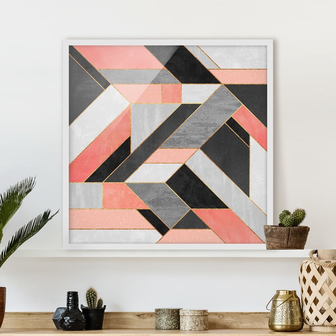 Gerahmtes Poster Geometry in Rosa/Gold