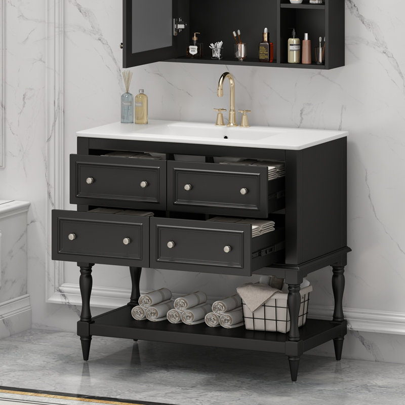 Ensemble de meuble-lavabo 36 po avec ensemble de meuble-lavabo, lavabo en céramique encastré, ensemble de meuble-lavabo autoportant avec 4 tiroirs, armoire de salle de bain avec cadre en bois massif
