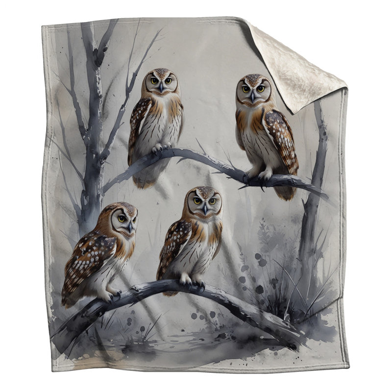 Quatre hiboux sur des couvertures de branche, L 50 po x H 60 po
