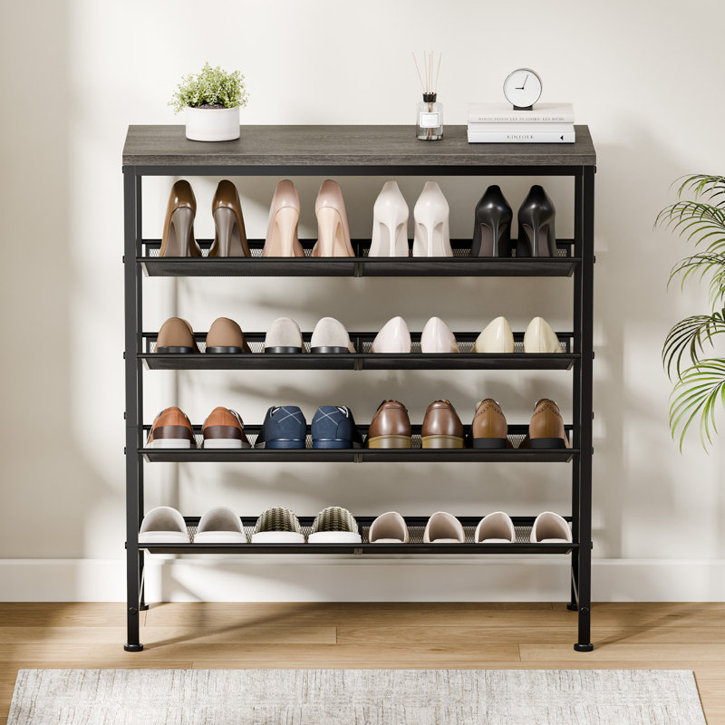 Range-chaussures à 5 niveaux avec plateau en bois, rangement pour chaussures industriel pour petits espaces, Gris bois