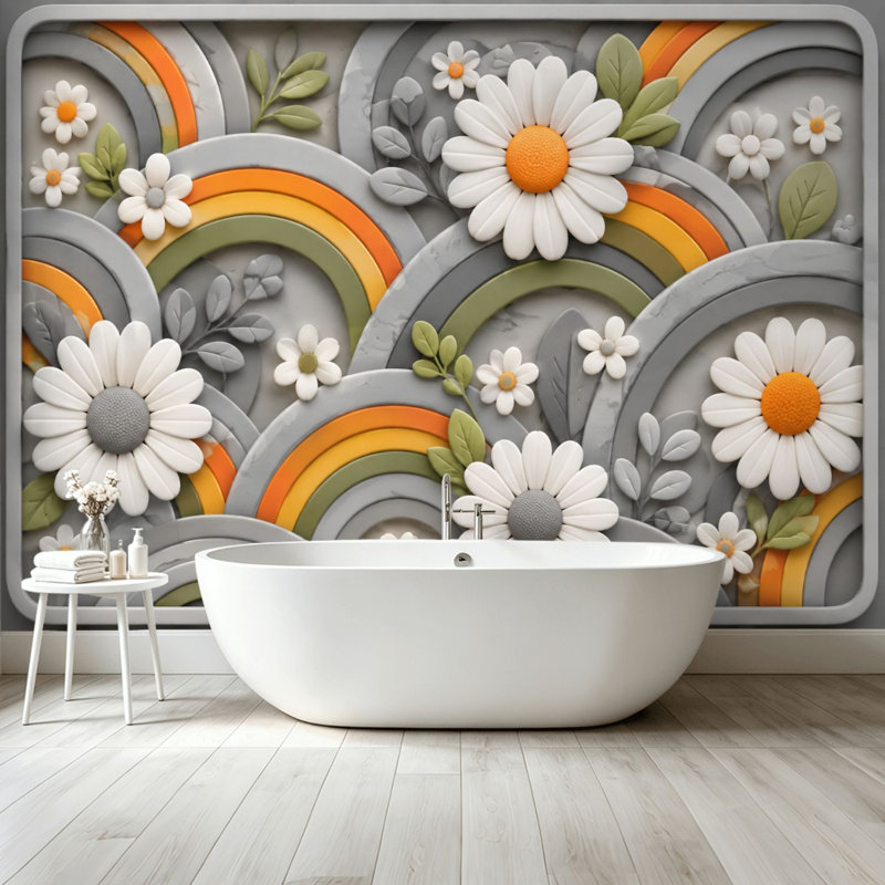 Papier peint adhésif pelez et collez fleurs de marguerite arc-en-ciel gris, couleurs pastel murales, auto-adhésif et amovible