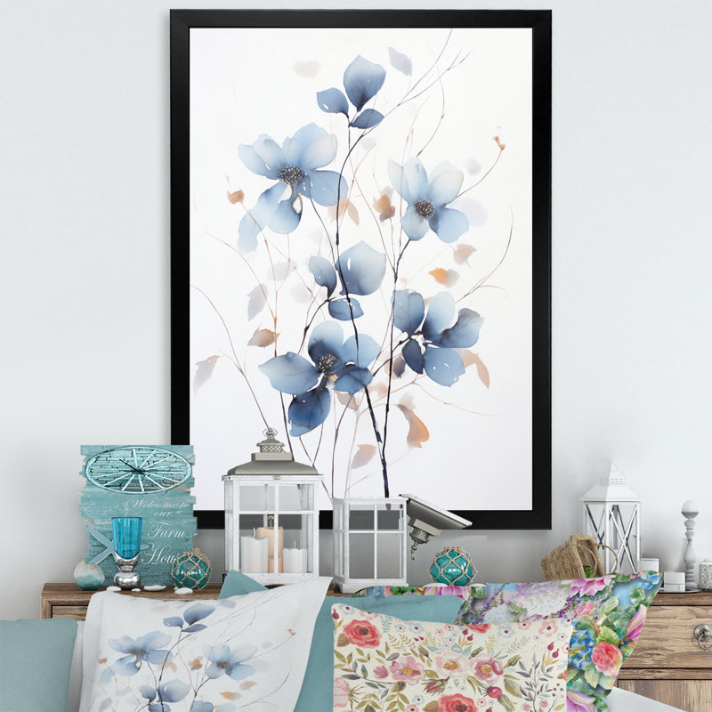 Feuilles de ginko tendres dans des tons d'aquarelle bleue I, H 40 po x l 30 po x P 1,5 po, Cadre simple noir