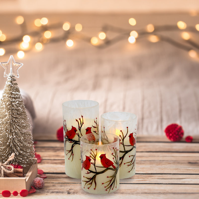 Battery Operated LED Red Cardinals Hurricane Candles - 3 Count