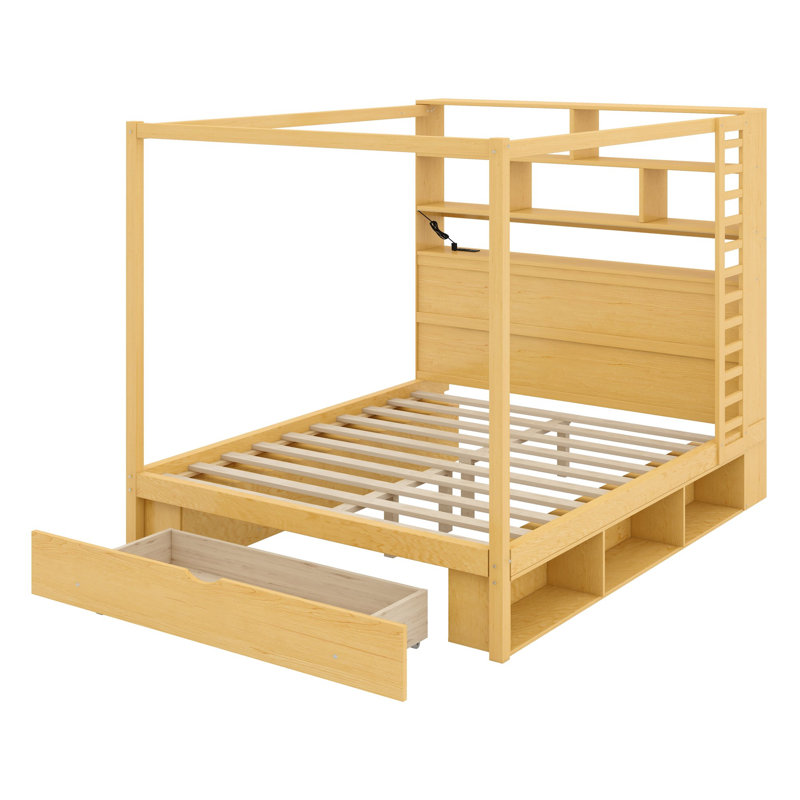 Canopy bed frame with bookcase headboard, usb outlets and led lights, storage cubbies, footboard drawer and reversible rack