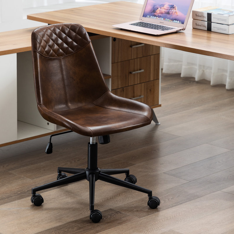 Keavey 23" Wide Leather Mid Back Mid-Century Modern Office Chair, Dark Brown, Black