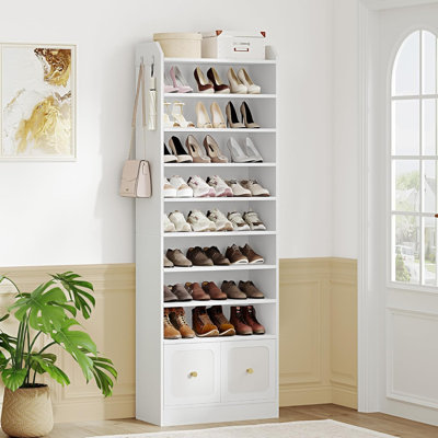 Shoe Storage Cabinet,Shoe Storage Cabinet, 10 Tiers Shoe Cabinet with 2 Cloth Drawers, Wooden Freestanding Shoes Organizer with 2 Hooks, 30-35 Pairs, Shoes Cubby Organizer for Entryway, White