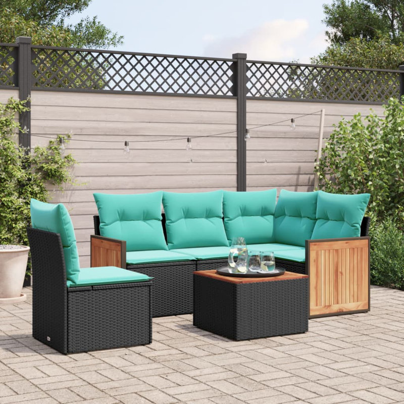  Ensemble de canapé de patio 6 pièces avec coussins en rotin de polyester noir