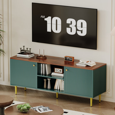 55" Mid-Century TV Stand with Fluted Doors, Fits Up to 65” TVs, Wooden Entertainment Console with Adjustable Shelf and Dual Cupboard Storage for Bedroom or Living Room