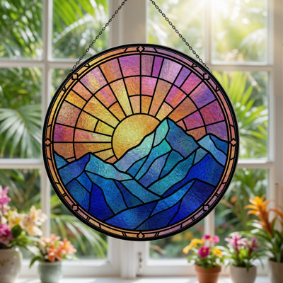 7.8"H Sunset Mountains Stained Glass Window Panel