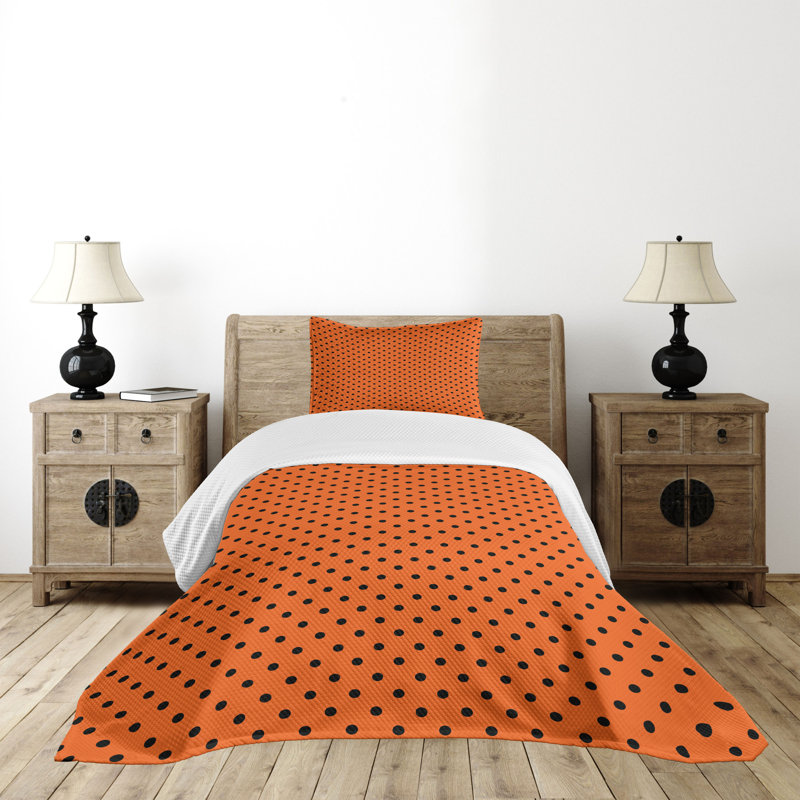 Twin Orange and Black Polka Dot Quilted Bedspread Set